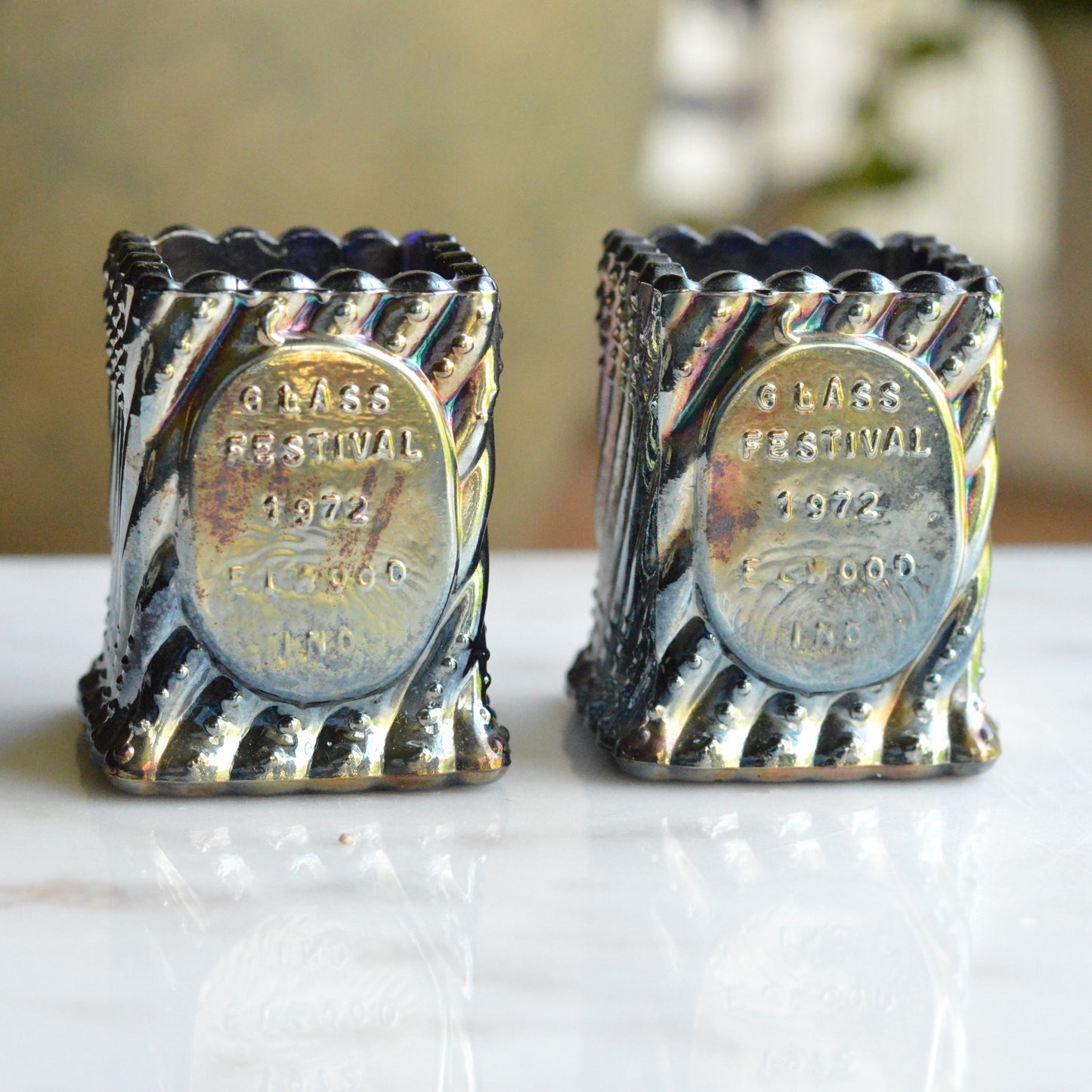 Vintage St. Clair Cobalt Carnival Glass Toothpick Holder Pair | 1972 Glass Festival Souvenir | High Iridescence Elwood IND