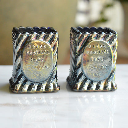Vintage St. Clair Cobalt Carnival Glass Toothpick Holder Pair | 1972 Glass Festival Souvenir | High Iridescence Elwood IND