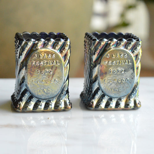 Vintage St. Clair Cobalt Carnival Glass Toothpick Holder Pair | 1972 Glass Festival Souvenir | High Iridescence Elwood IND