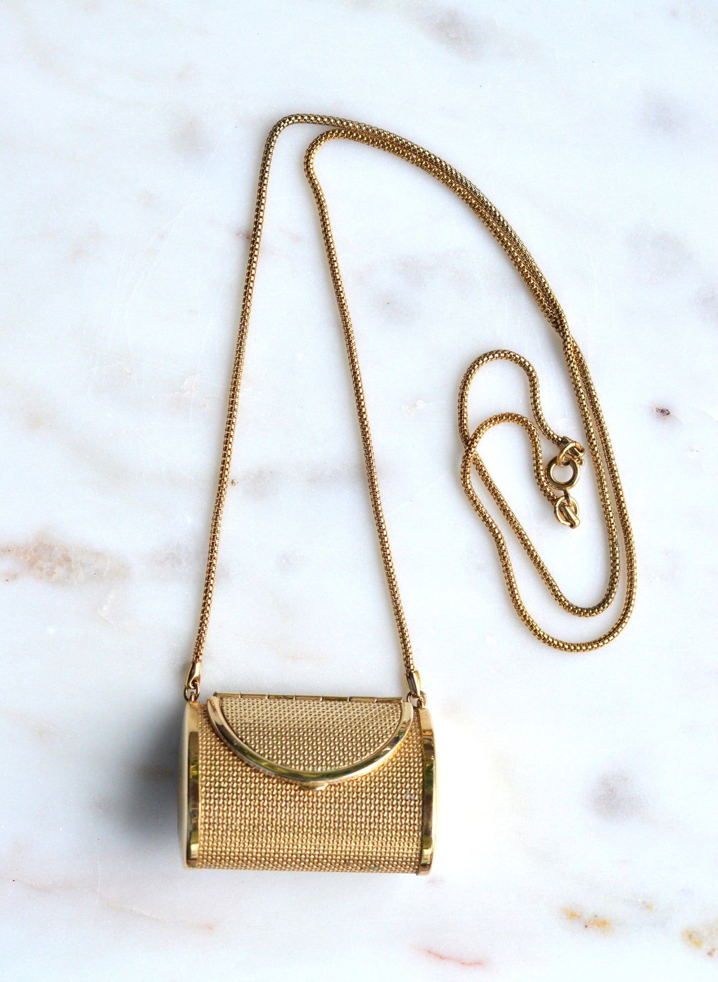 Vintage Gold Mesh Barrel Purse Necklace | 27" Snake Chain | MCM Pill Box Locket | Authentic Patina
