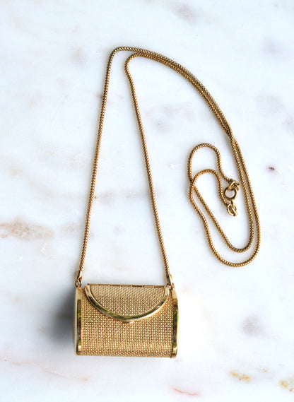 Vintage Gold Mesh Barrel Purse Necklace | 27" Snake Chain | MCM Pill Box Locket | Authentic Patina