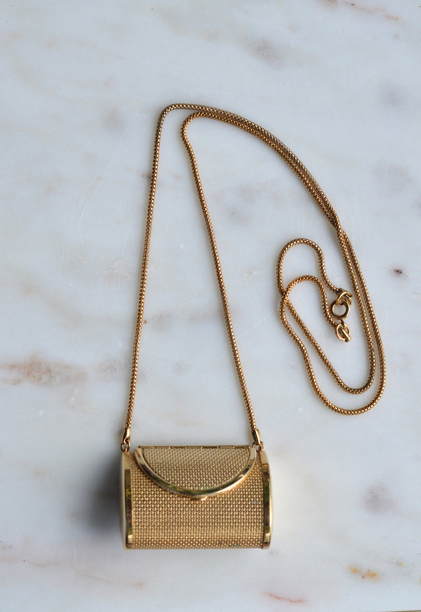 Vintage Gold Mesh Barrel Purse Necklace | 27" Snake Chain | MCM Pill Box Locket | Authentic Patina