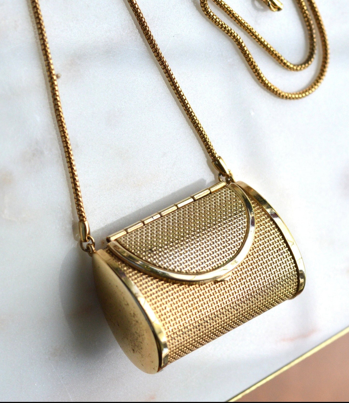 Vintage Gold Mesh Barrel Purse Necklace | 27" Snake Chain | MCM Pill Box Locket | Authentic Patina