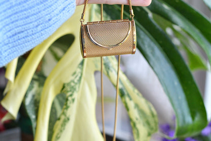 Vintage Gold Mesh Barrel Purse Necklace | 27" Snake Chain | MCM Pill Box Locket | Authentic Patina