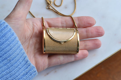 Vintage Gold Mesh Barrel Purse Necklace | 27" Snake Chain | MCM Pill Box Locket | Authentic Patina