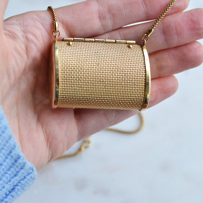 Vintage Gold Mesh Barrel Purse Necklace | 27" Snake Chain | MCM Pill Box Locket | Authentic Patina