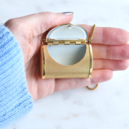 Vintage Gold Mesh Barrel Purse Necklace | 27" Snake Chain | MCM Pill Box Locket | Authentic Patina