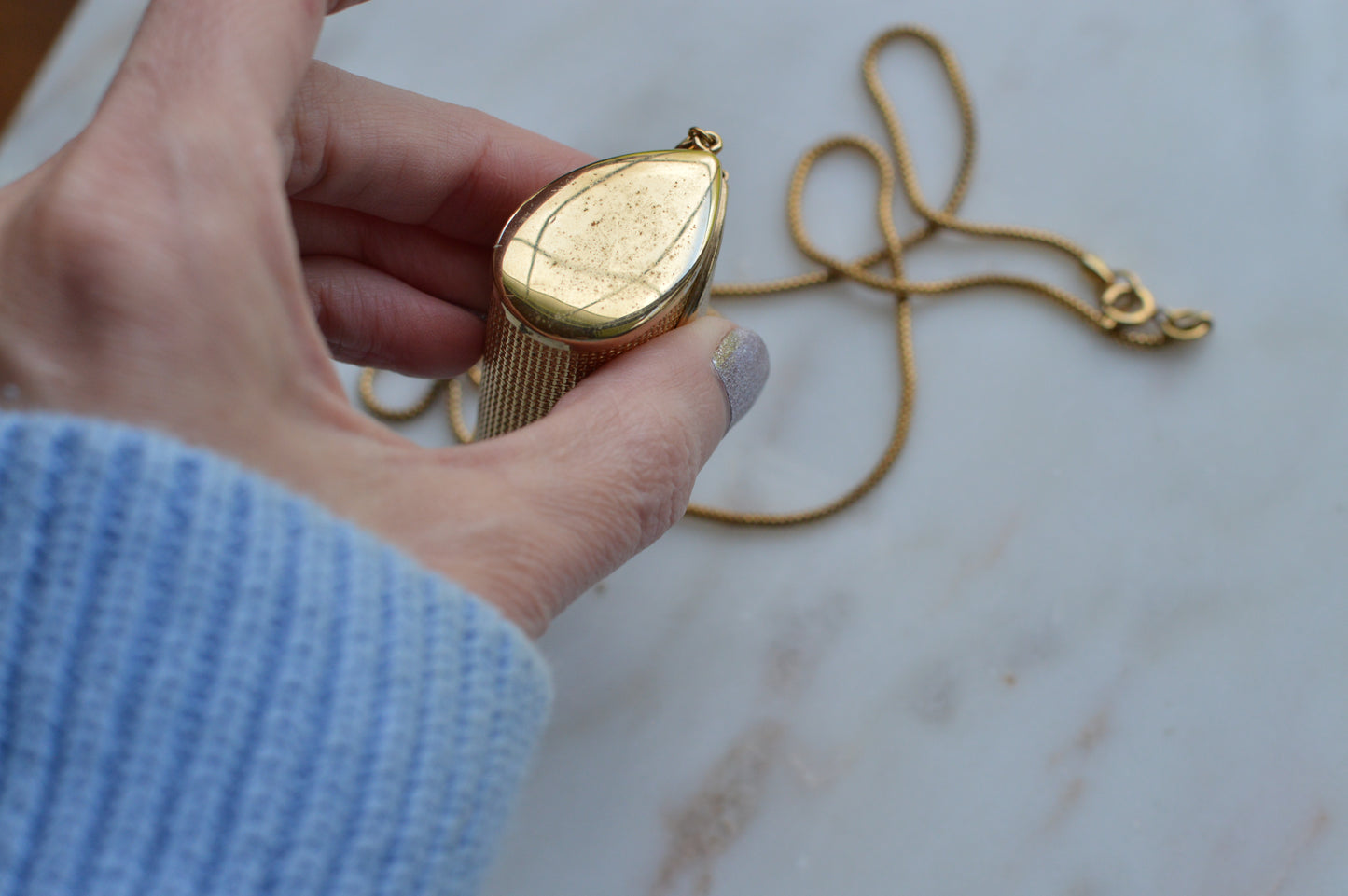 Vintage Gold Mesh Barrel Purse Necklace | 27" Snake Chain | MCM Pill Box Locket | Authentic Patina