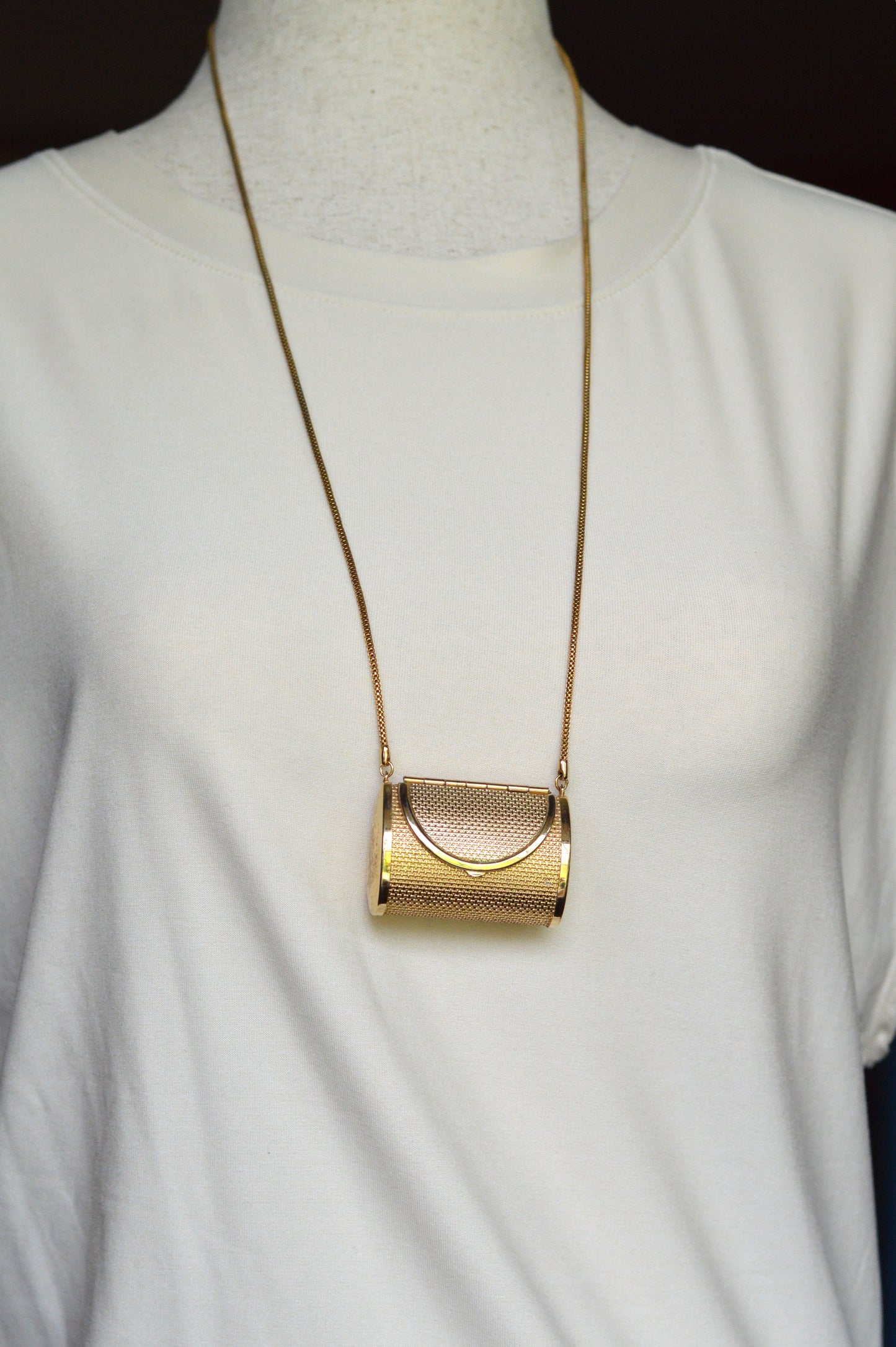 Vintage Gold Mesh Barrel Purse Necklace | 27" Snake Chain | MCM Pill Box Locket | Authentic Patina