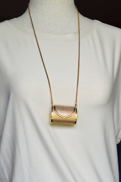 Vintage Gold Mesh Barrel Purse Necklace | 27" Snake Chain | MCM Pill Box Locket | Authentic Patina