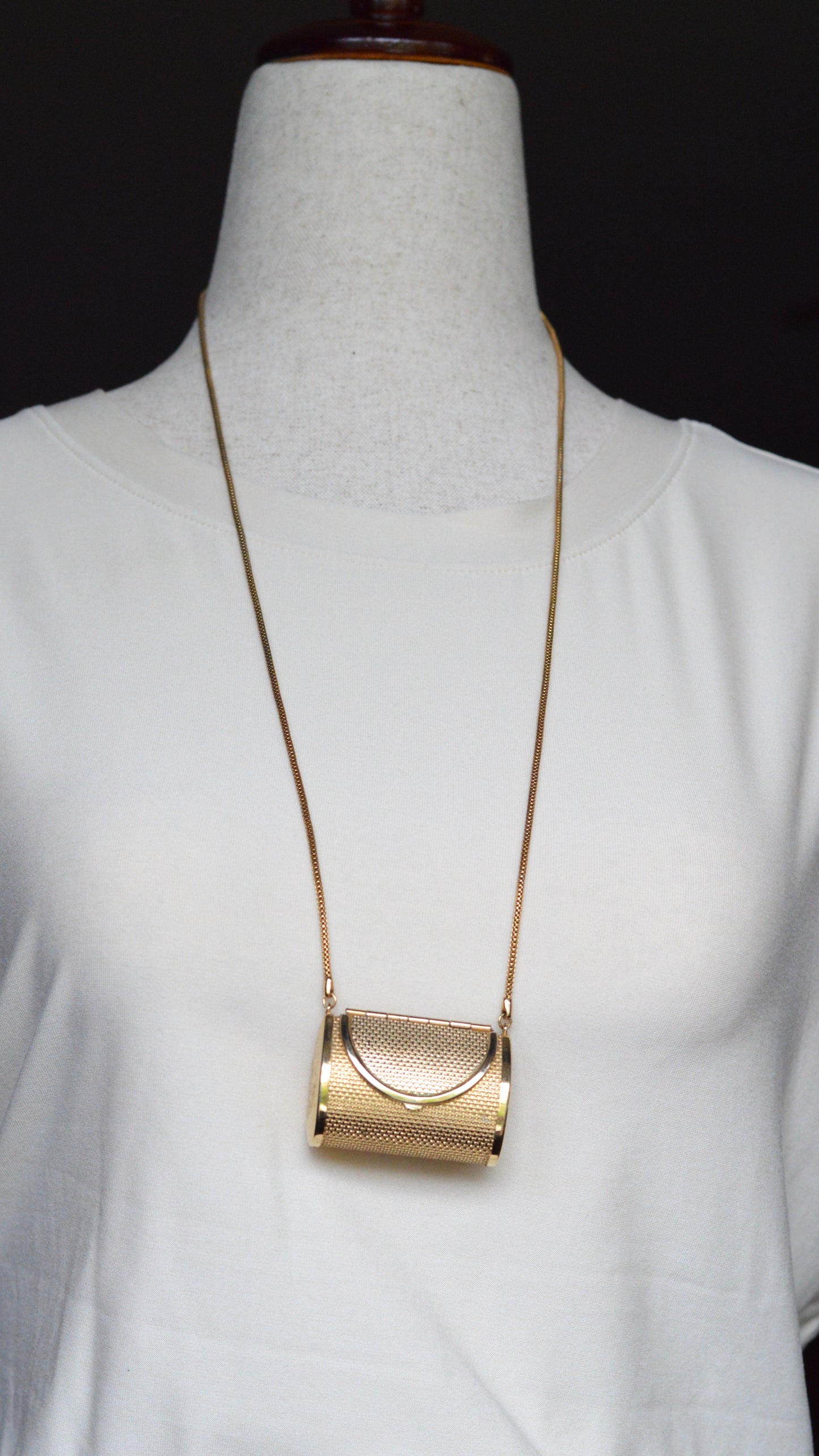 Vintage Gold Mesh Barrel Purse Necklace | 27" Snake Chain | MCM Pill Box Locket | Authentic Patina