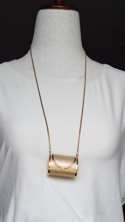 Vintage Gold Mesh Barrel Purse Necklace | 27" Snake Chain | MCM Pill Box Locket | Authentic Patina