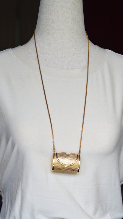 Vintage Gold Mesh Barrel Purse Necklace | 27" Snake Chain | MCM Pill Box Locket | Authentic Patina
