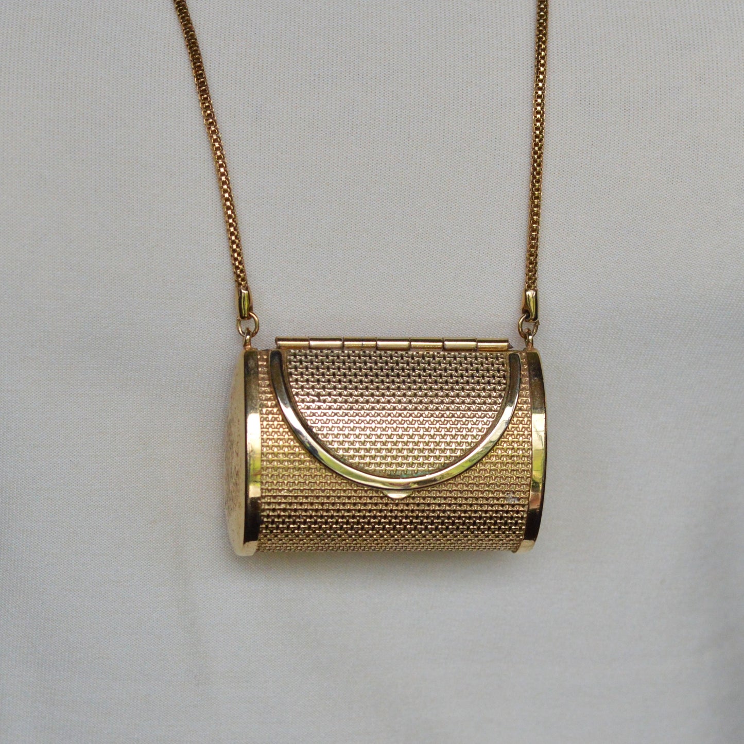 Vintage Gold Mesh Barrel Purse Necklace | 27" Snake Chain | MCM Pill Box Locket | Authentic Patina