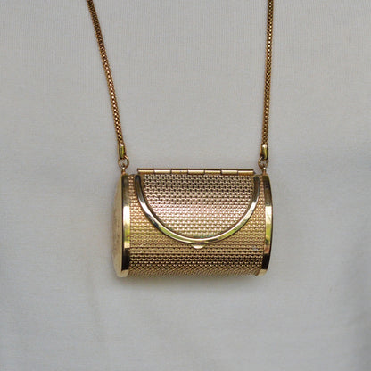 Vintage Gold Mesh Barrel Purse Necklace | 27" Snake Chain | MCM Pill Box Locket | Authentic Patina