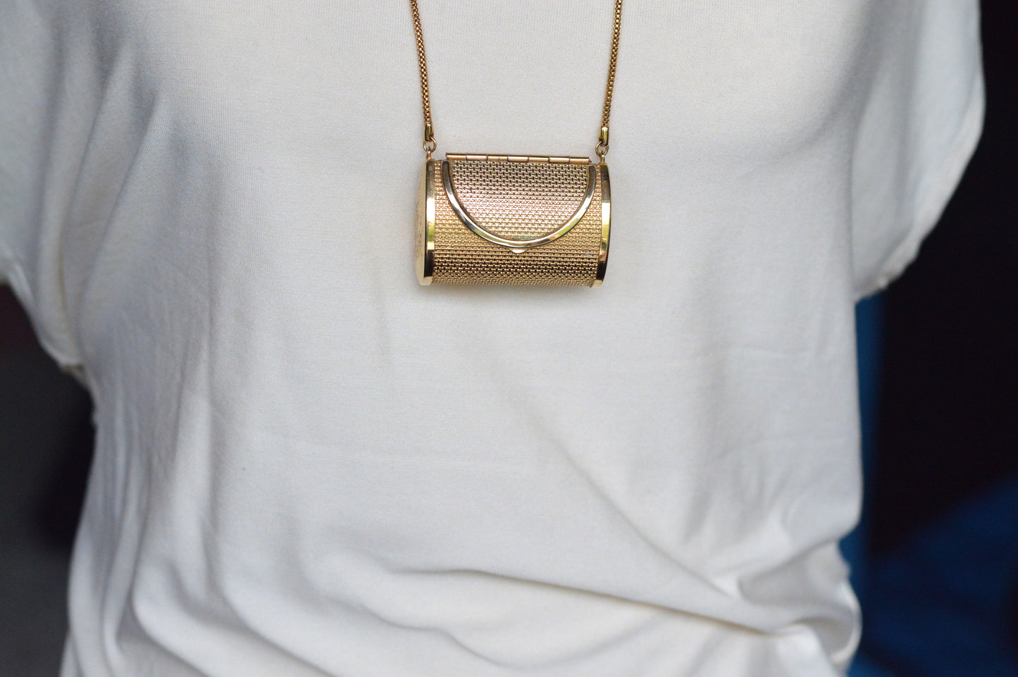 Vintage Gold Mesh Barrel Purse Necklace | 27" Snake Chain | MCM Pill Box Locket | Authentic Patina