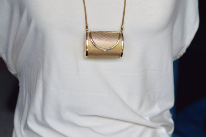 Vintage Gold Mesh Barrel Purse Necklace | 27" Snake Chain | MCM Pill Box Locket | Authentic Patina
