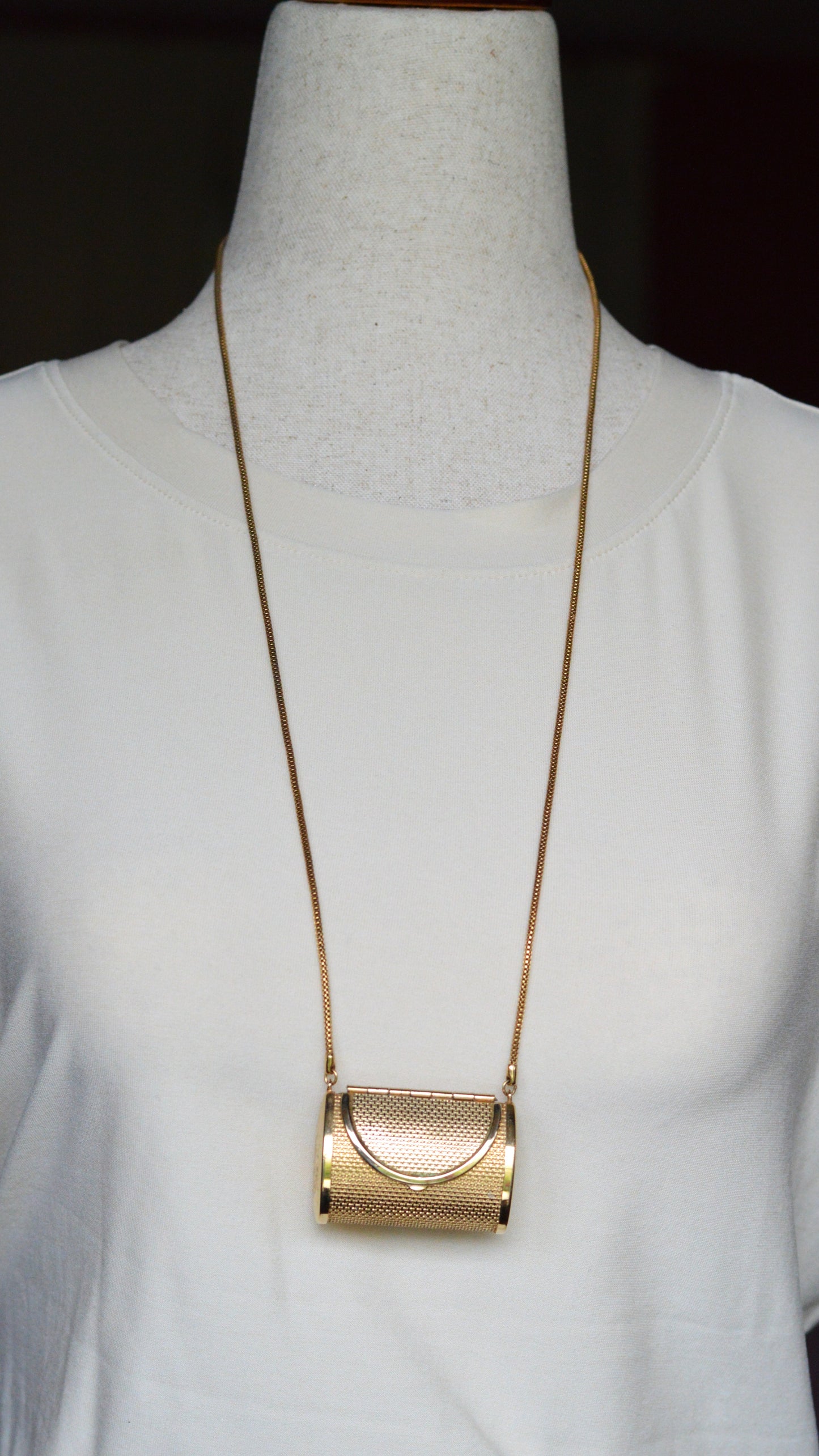 Vintage Gold Mesh Barrel Purse Necklace | 27" Snake Chain | MCM Pill Box Locket | Authentic Patina