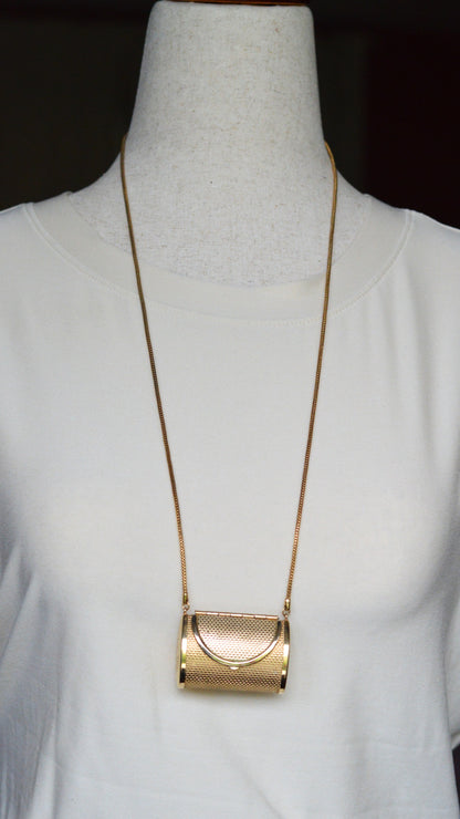 Vintage Gold Mesh Barrel Purse Necklace | 27" Snake Chain | MCM Pill Box Locket | Authentic Patina