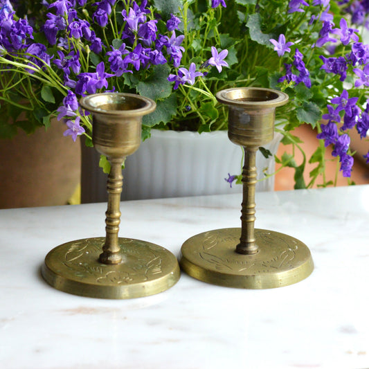 Vintage Chinese Etched Brass Candlesticks Pair | 3.5" Hand-Stamped Floral Base | Mid-Century Chinoiserie Decor
