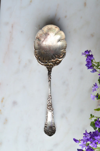 Antique WM Rogers 1894 Berry Serving Spoon | Ornate Yale Pattern | Scalloped Shell Bowl Silverplate | Victorian Art Nouveau Flatware
