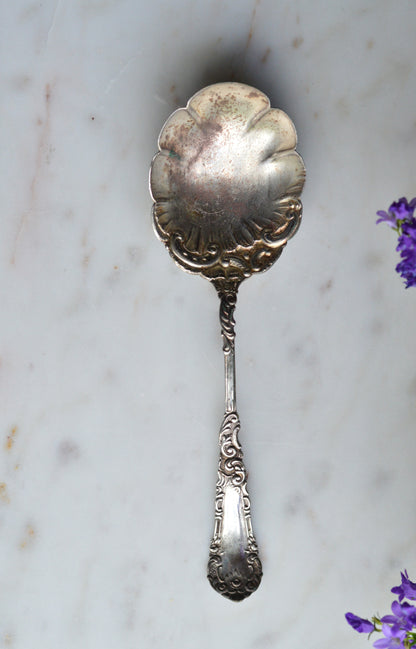 Antique WM Rogers 1894 Berry Serving Spoon | Ornate Yale Pattern | Scalloped Shell Bowl Silverplate | Victorian Art Nouveau Flatware