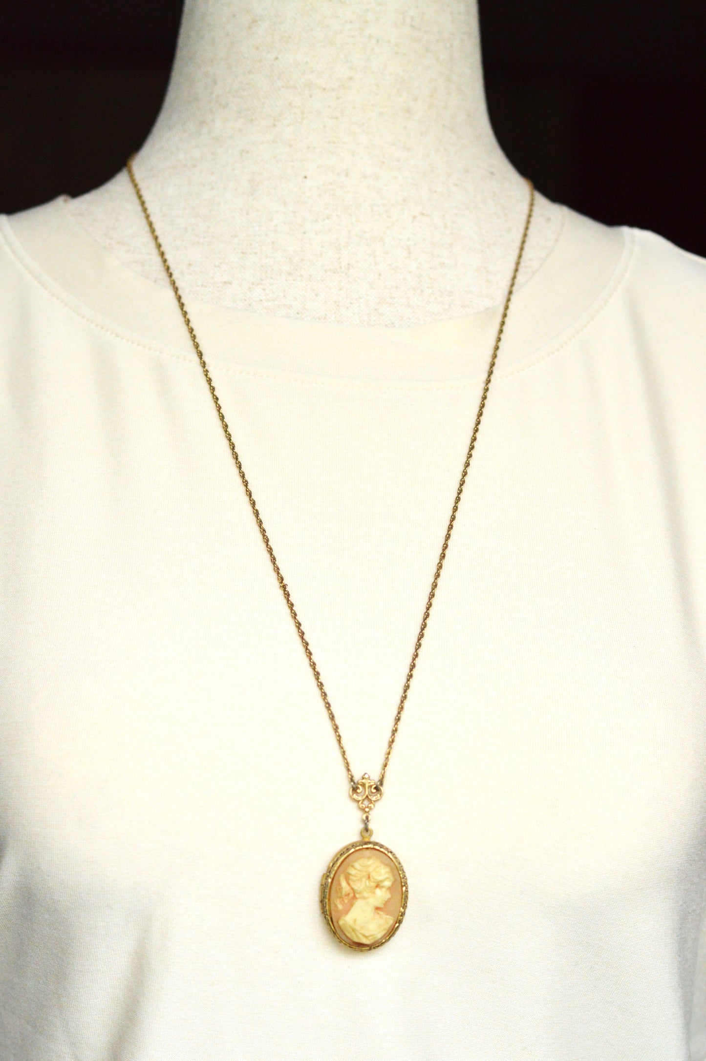 Vintage Signed 1928 Jewelry Co. Cameo Necklace | Gold Tone Rope Chain | Victorian Revival Filigree | 1970s Designer Costume Jewelry