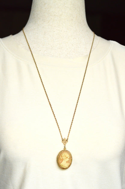 Vintage Signed 1928 Jewelry Co. Cameo Necklace | Gold Tone Rope Chain | Victorian Revival Filigree | 1970s Designer Costume Jewelry
