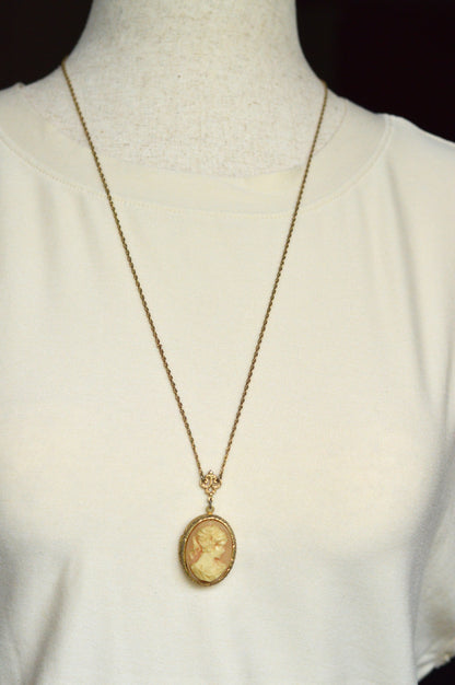 Vintage Signed 1928 Jewelry Co. Cameo Necklace | Gold Tone Rope Chain | Victorian Revival Filigree | 1970s Designer Costume Jewelry