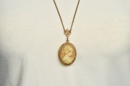 Vintage Signed 1928 Jewelry Co. Cameo Necklace | Gold Tone Rope Chain | Victorian Revival Filigree | 1970s Designer Costume Jewelry