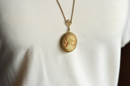 Vintage Signed 1928 Jewelry Co. Cameo Necklace | Gold Tone Rope Chain | Victorian Revival Filigree | 1970s Designer Costume Jewelry