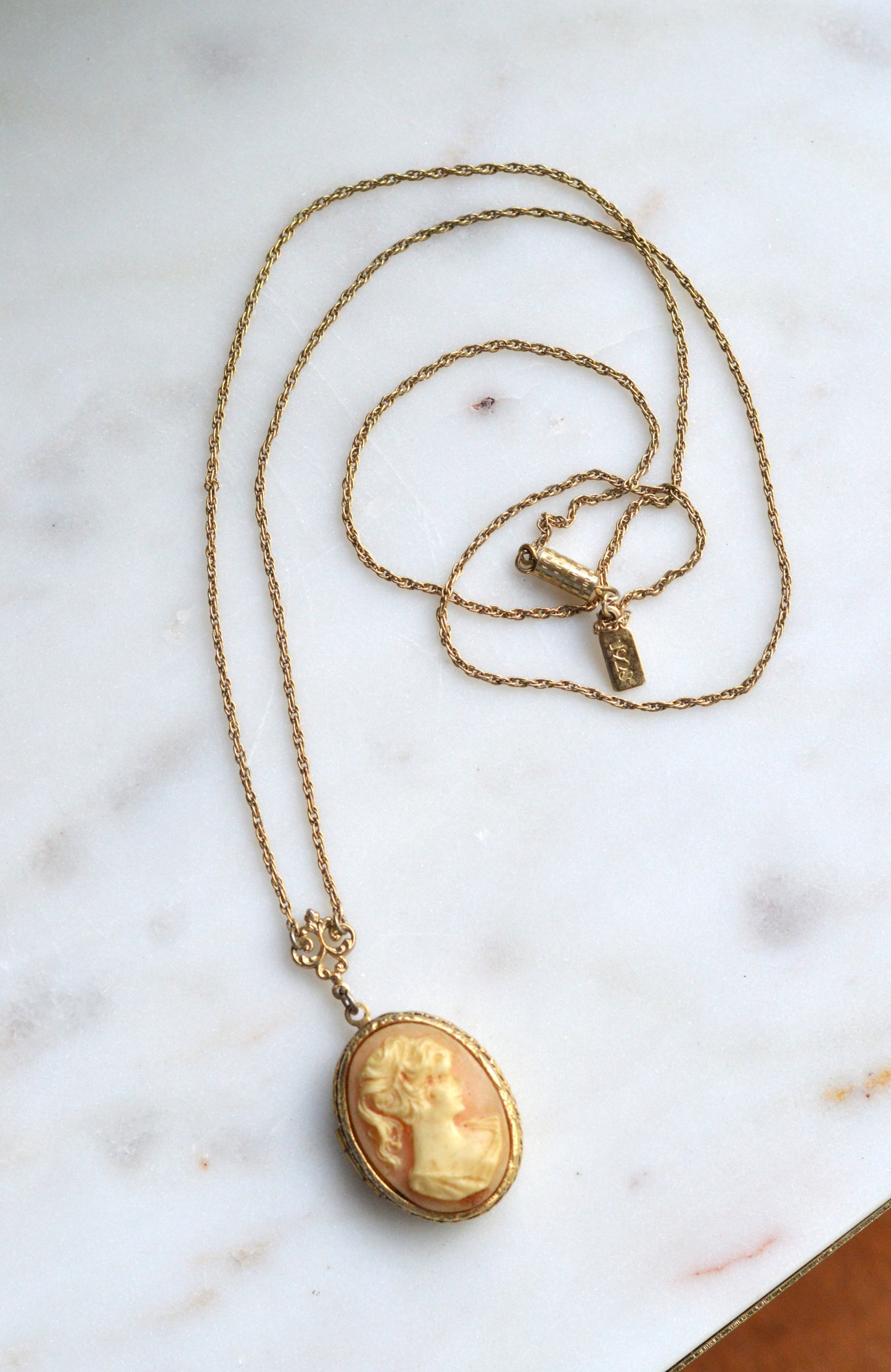 Vintage Signed 1928 Jewelry Co. Cameo Necklace | Gold Tone Rope Chain | Victorian Revival Filigree | 1970s Designer Costume Jewelry