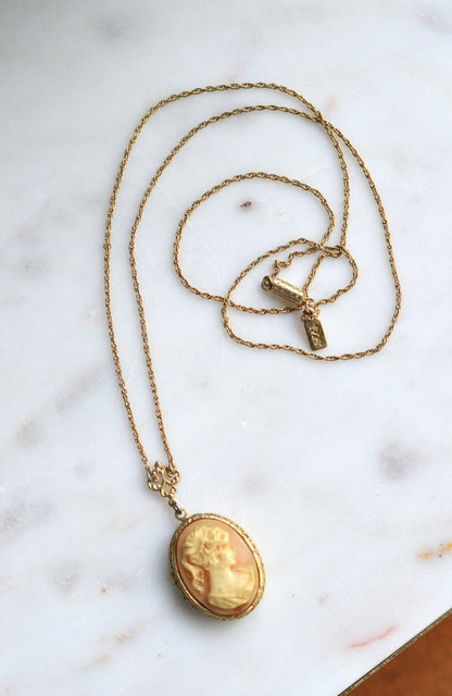 Vintage Signed 1928 Jewelry Co. Cameo Necklace | Gold Tone Rope Chain | Victorian Revival Filigree | 1970s Designer Costume Jewelry