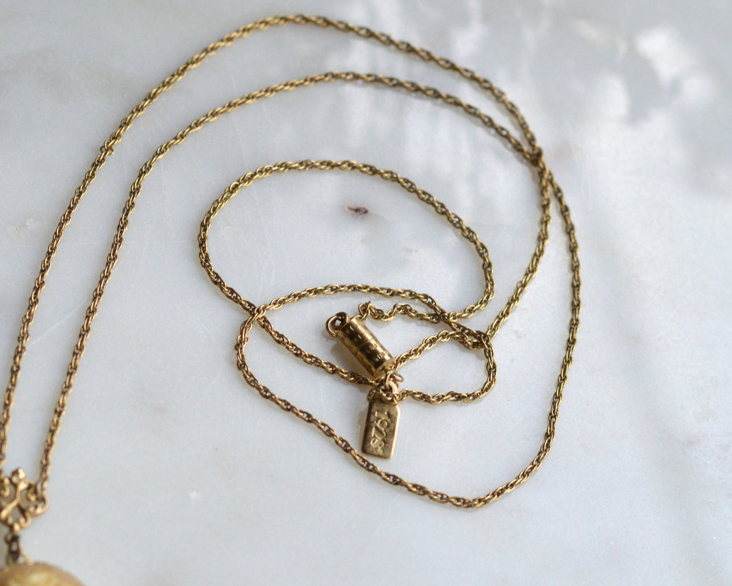 Vintage Signed 1928 Jewelry Co. Cameo Necklace | Gold Tone Rope Chain | Victorian Revival Filigree | 1970s Designer Costume Jewelry