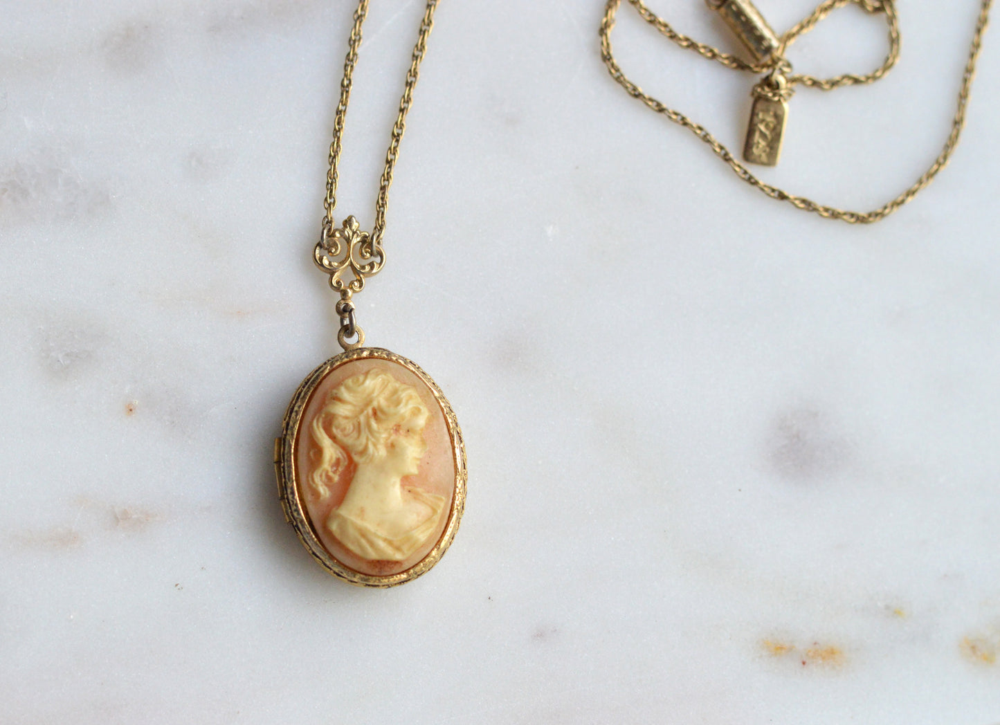 Vintage Signed 1928 Jewelry Co. Cameo Necklace | Gold Tone Rope Chain | Victorian Revival Filigree | 1970s Designer Costume Jewelry