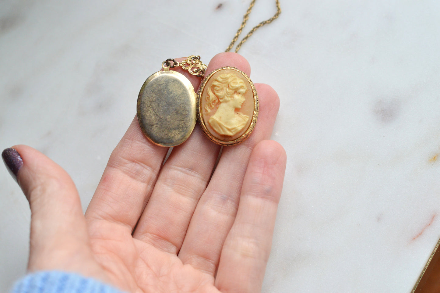 Vintage Signed 1928 Jewelry Co. Cameo Necklace | Gold Tone Rope Chain | Victorian Revival Filigree | 1970s Designer Costume Jewelry