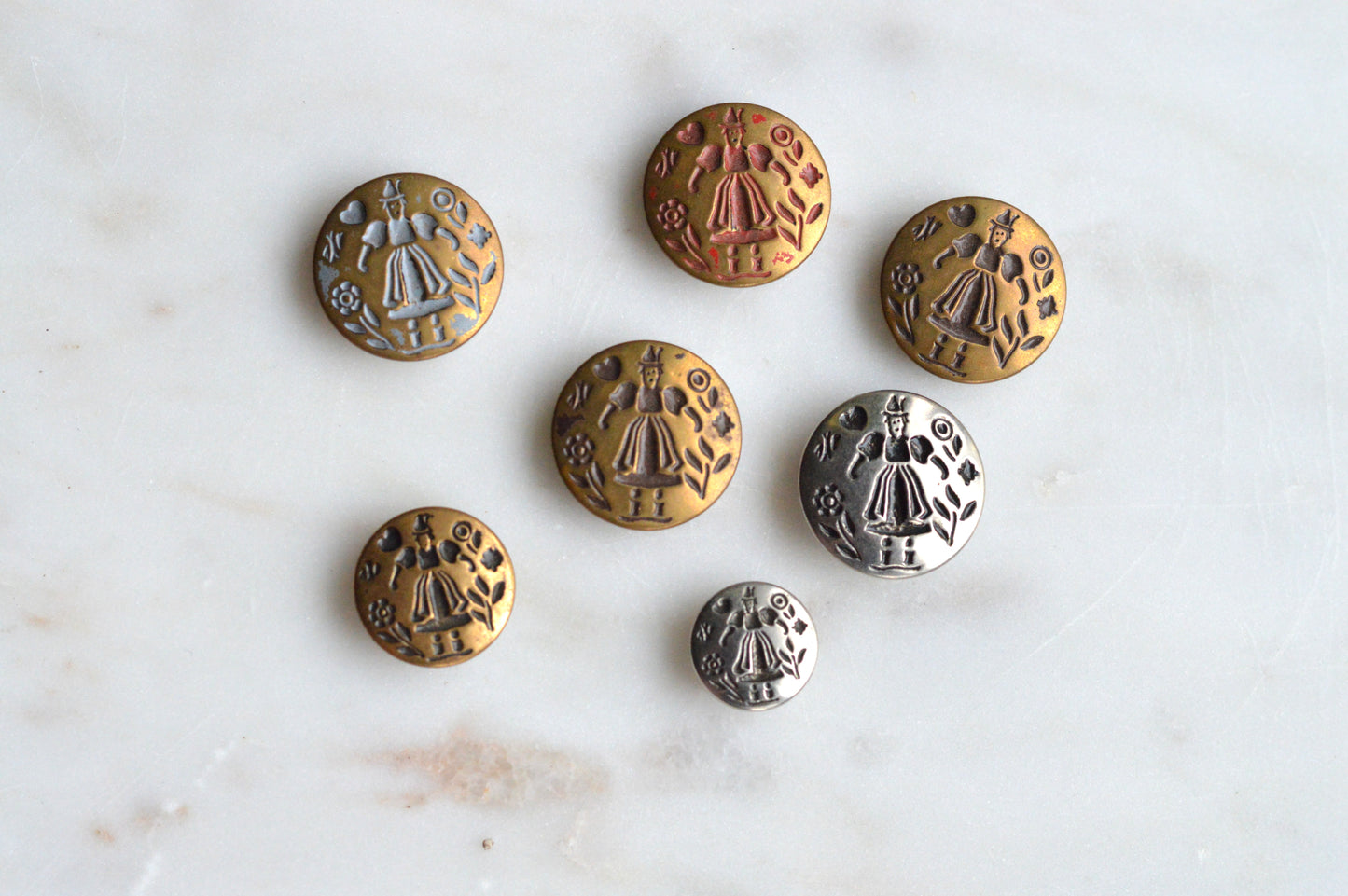 Vintage Dutch Folk Girl Metal Buttons | 1900s Picture Buttons | Mixed Gold Silver Bronze Set | Antoinette Heritage Folk Art Lot