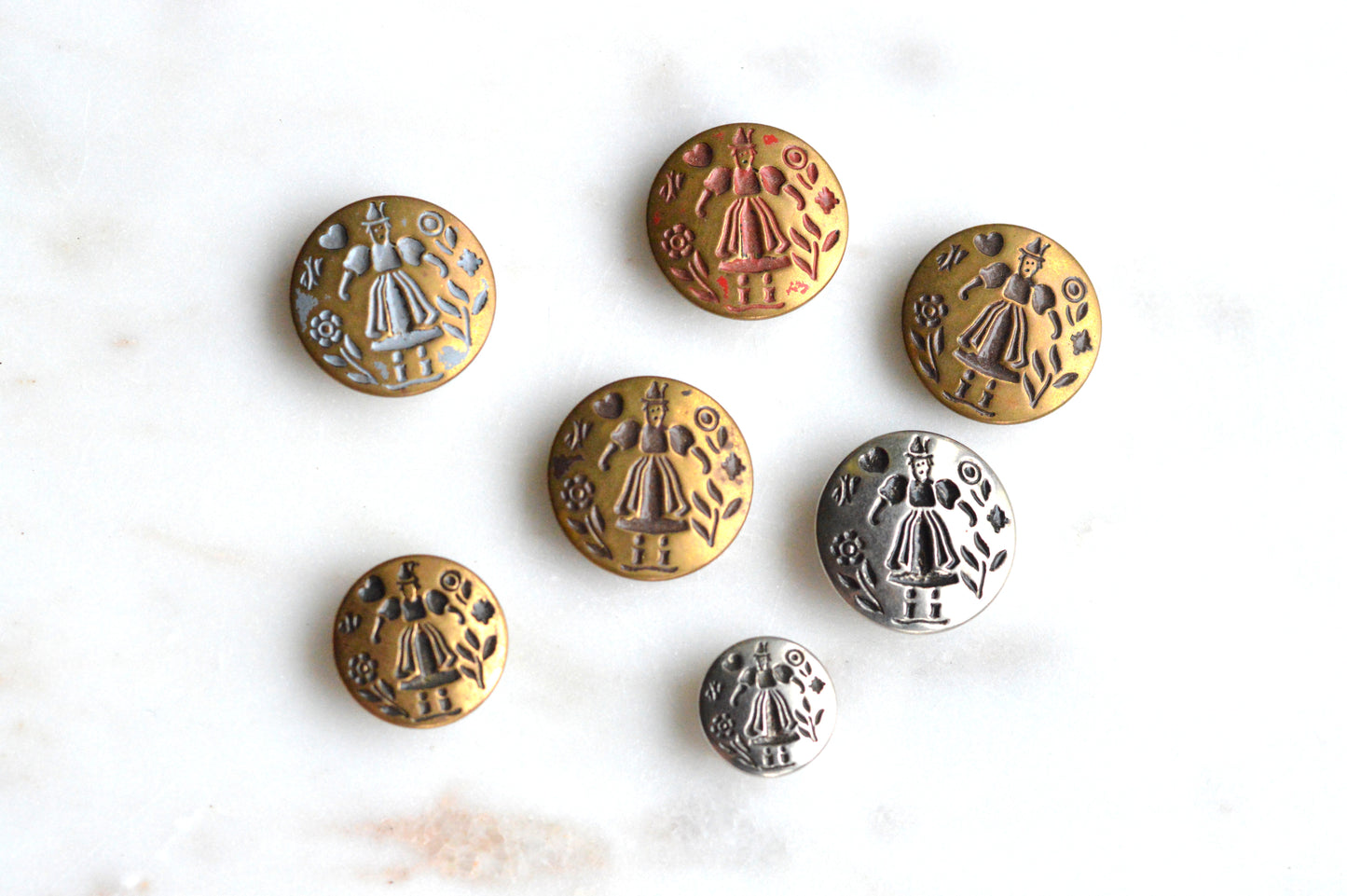 Vintage Dutch Folk Girl Metal Buttons | 1900s Picture Buttons | Mixed Gold Silver Bronze Set | Antoinette Heritage Folk Art Lot