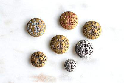Vintage Dutch Folk Girl Metal Buttons | 1900s Picture Buttons | Mixed Gold Silver Bronze Set | Antoinette Heritage Folk Art Lot