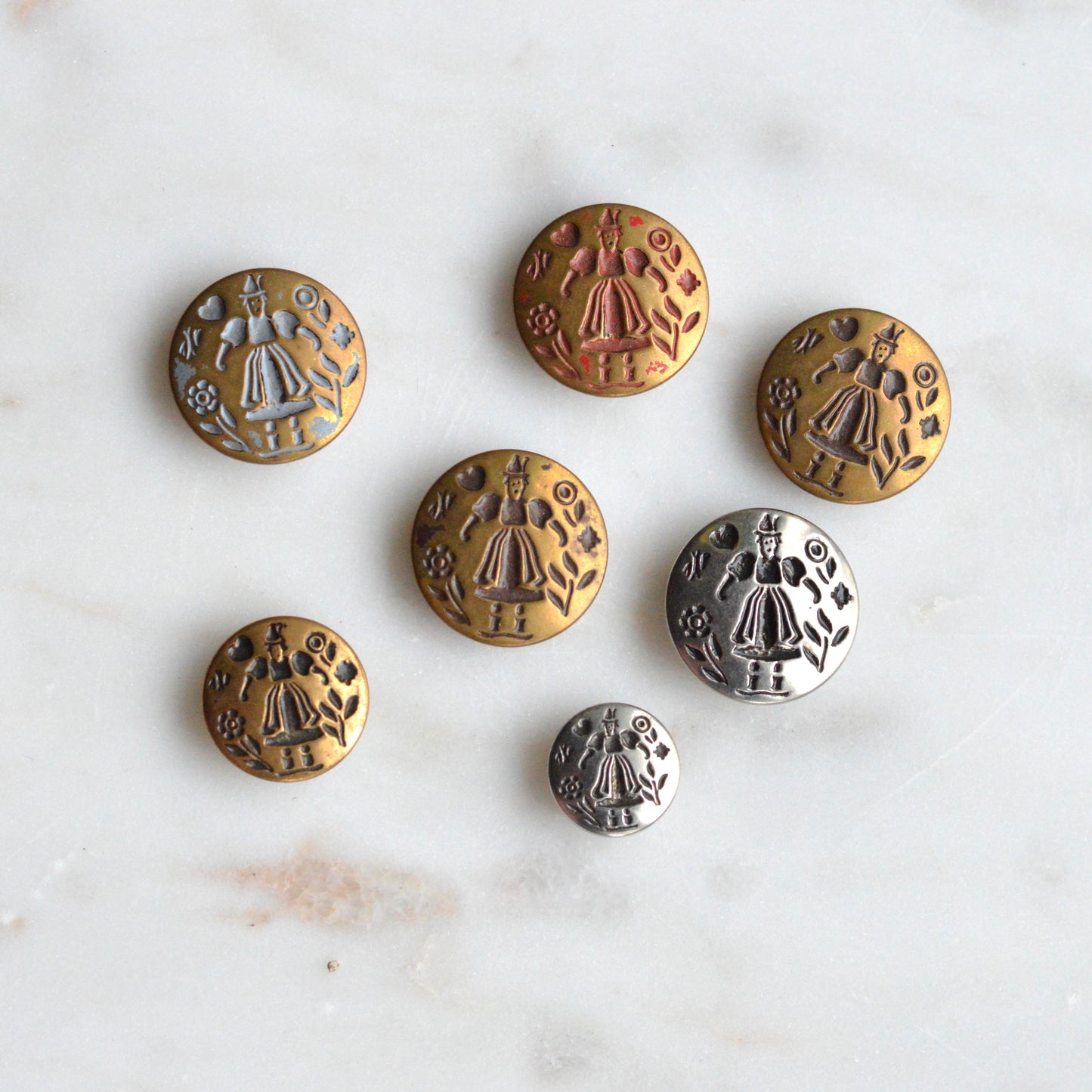 Vintage Dutch Folk Girl Metal Buttons | 1900s Picture Buttons | Mixed Gold Silver Bronze Set | Antoinette Heritage Folk Art Lot