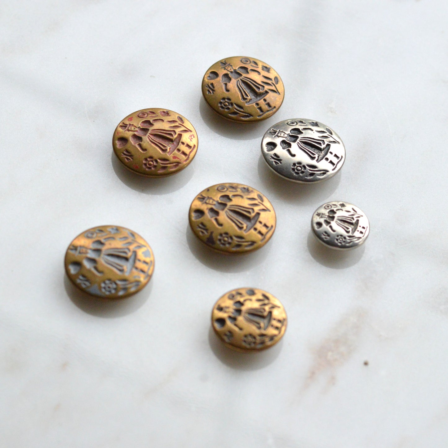 Vintage Dutch Folk Girl Metal Buttons | 1900s Picture Buttons | Mixed Gold Silver Bronze Set | Antoinette Heritage Folk Art Lot