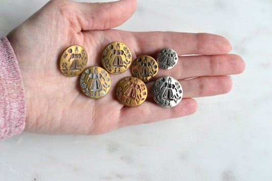 Vintage Dutch Folk Girl Metal Buttons | 1900s Picture Buttons | Mixed Gold Silver Bronze Set | Antoinette Heritage Folk Art Lot