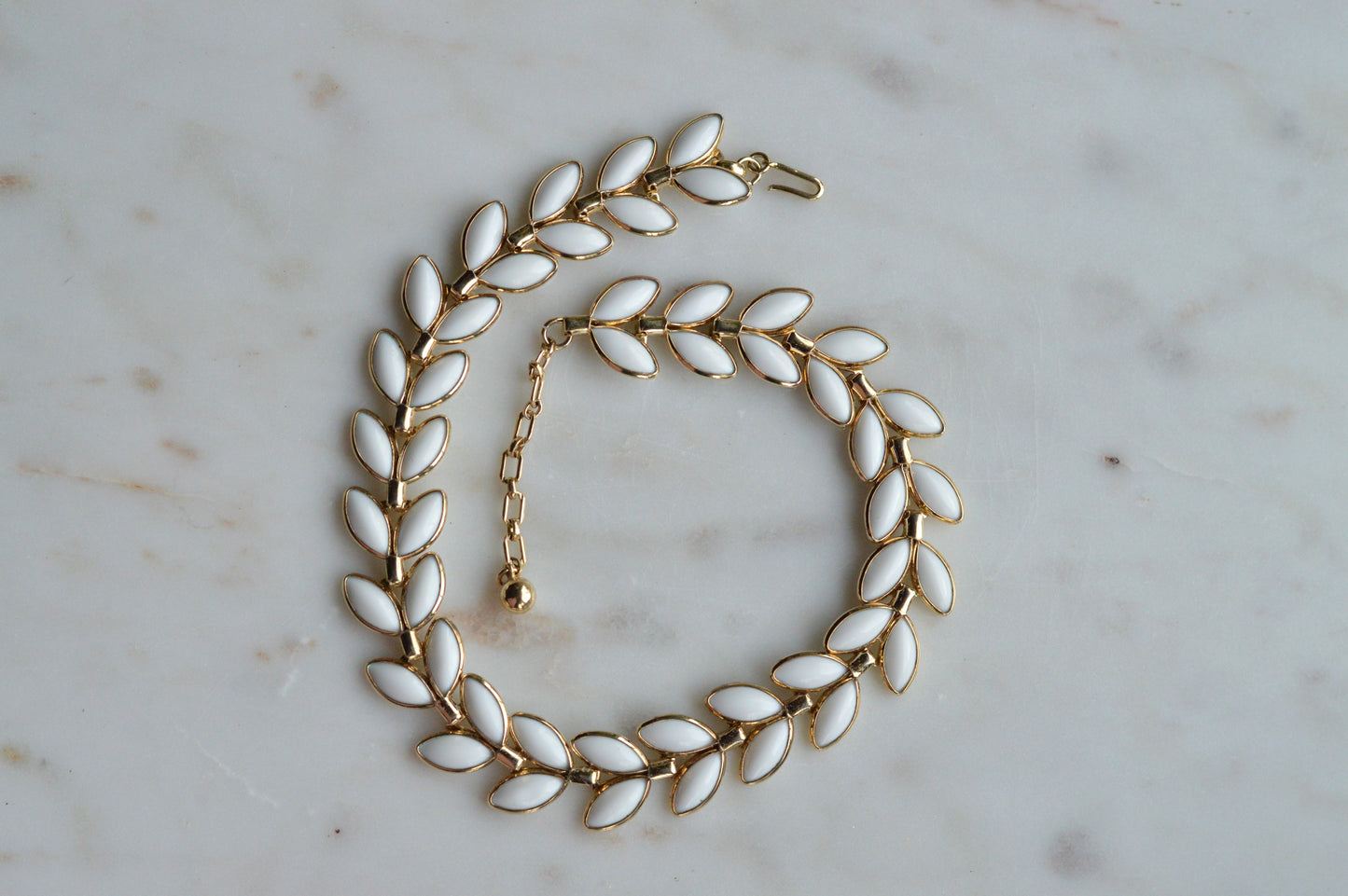 Vintage Trifari Milk Glass Leaf Choker | Hollywood Regency 1950s Signed Jewelry | 15"-17" Adjustable White Marquis Leaf Necklace