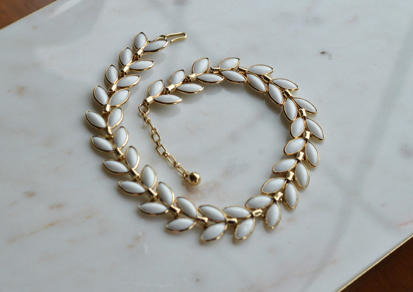 Vintage Trifari Milk Glass Leaf Choker | Hollywood Regency 1950s Signed Jewelry | 15"-17" Adjustable White Marquis Leaf Necklace