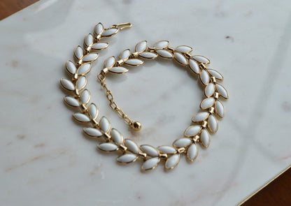 Vintage Trifari Milk Glass Leaf Choker | Hollywood Regency 1950s Signed Jewelry | 15"-17" Adjustable White Marquis Leaf Necklace