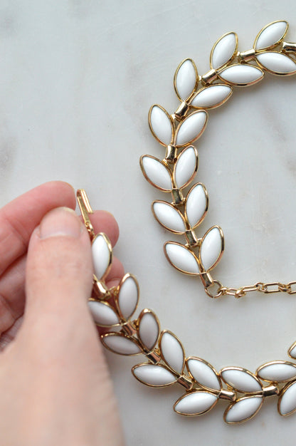 Vintage Trifari Milk Glass Leaf Choker | Hollywood Regency 1950s Signed Jewelry | 15"-17" Adjustable White Marquis Leaf Necklace