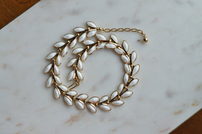 Vintage Trifari Milk Glass Leaf Choker | Hollywood Regency 1950s Signed Jewelry | 15"-17" Adjustable White Marquis Leaf Necklace