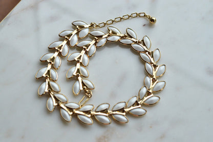 Vintage Trifari Milk Glass Leaf Choker | Hollywood Regency 1950s Signed Jewelry | 15"-17" Adjustable White Marquis Leaf Necklace