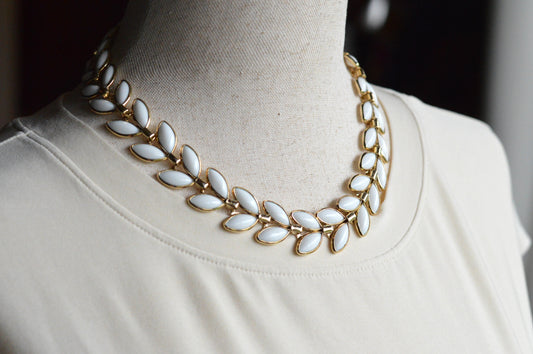 Vintage Trifari Milk Glass Leaf Choker | Hollywood Regency 1950s Signed Jewelry | 15"-17" Adjustable White Marquis Leaf Necklace