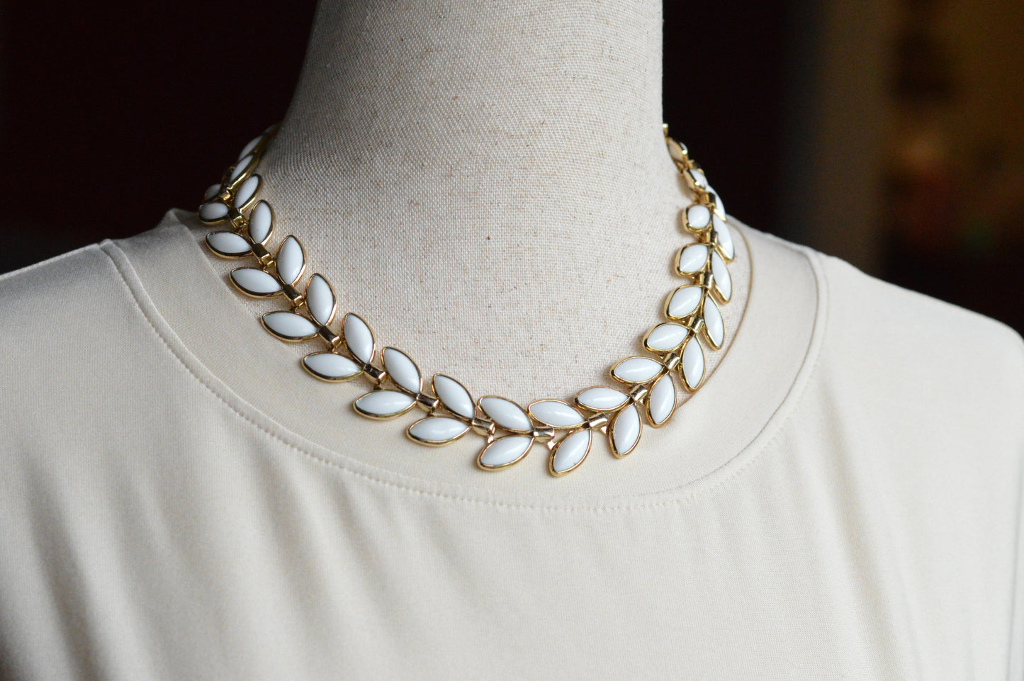 Vintage Trifari Milk Glass Leaf Choker | Hollywood Regency 1950s Signed Jewelry | 15"-17" Adjustable White Marquis Leaf Necklace